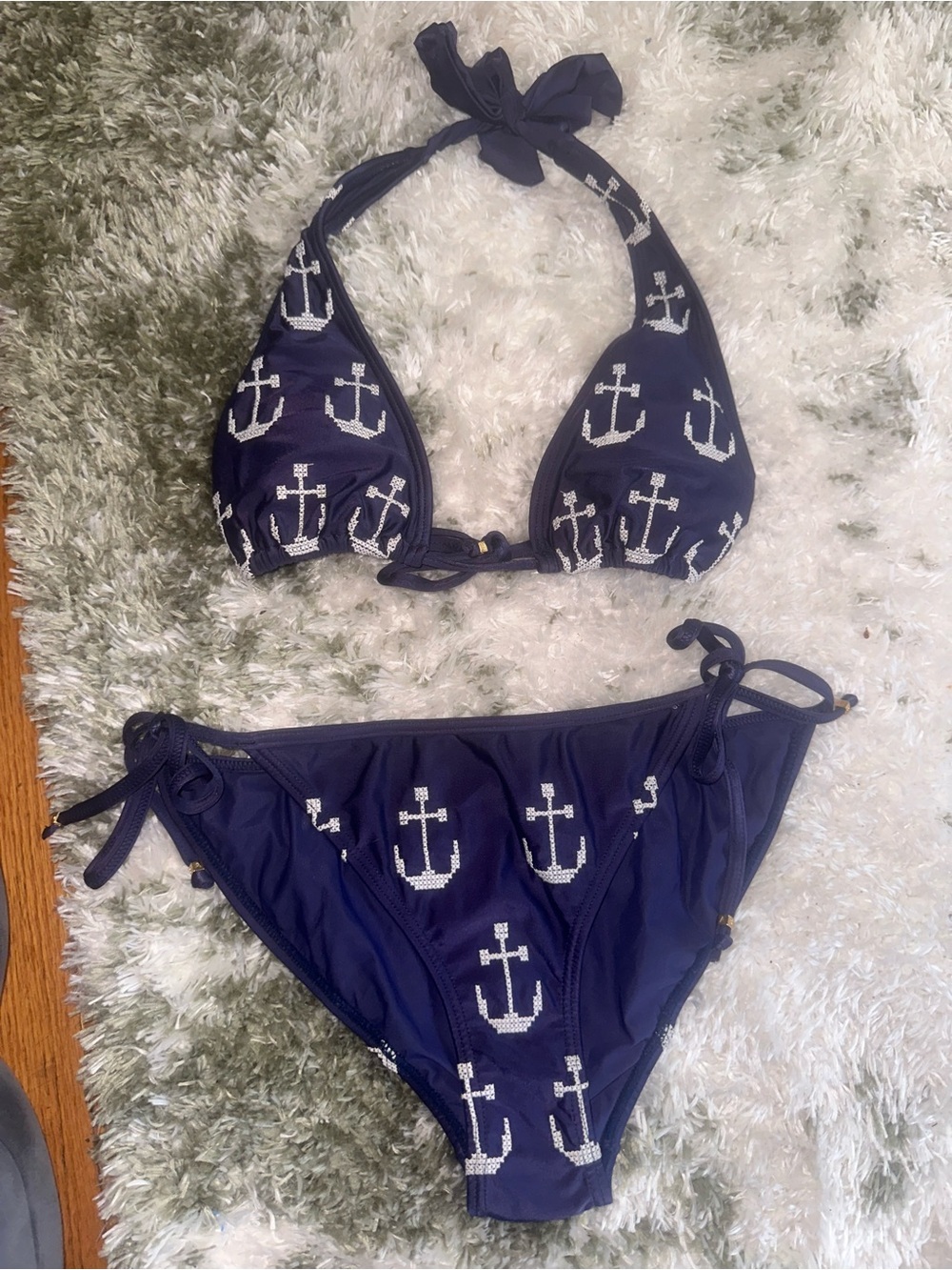 amir slama Navy Anchor Print Tie Bikini Set